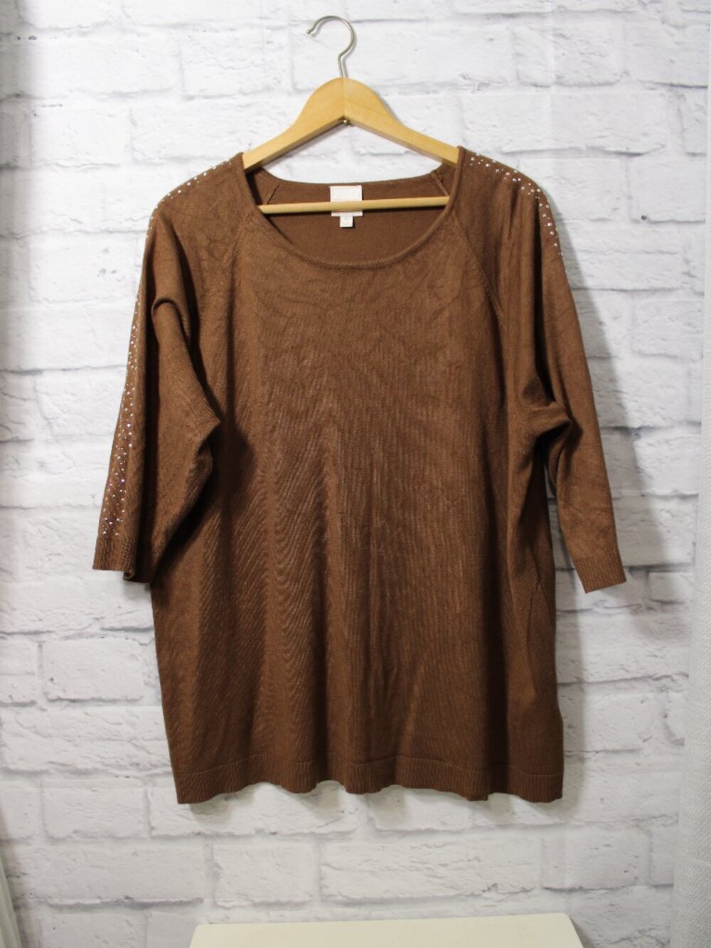 Zac & Rachel Plus 3X Brown Quarter Sleeve Round Neck Dressy Casual Blouse Tee